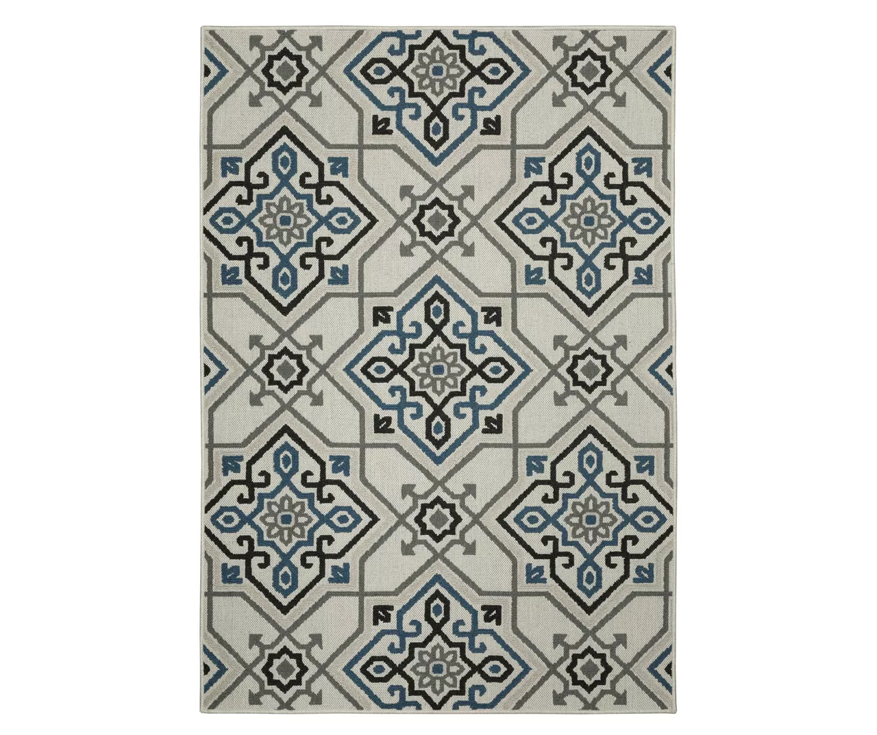 Torance Beige & Blue Linework Medallion Outdoor Area Rug, (1.1' X 3.9') 1 Torance Beige & Blue Linework Medallion Outdoor Area Rug, (1.1' X 3.9')