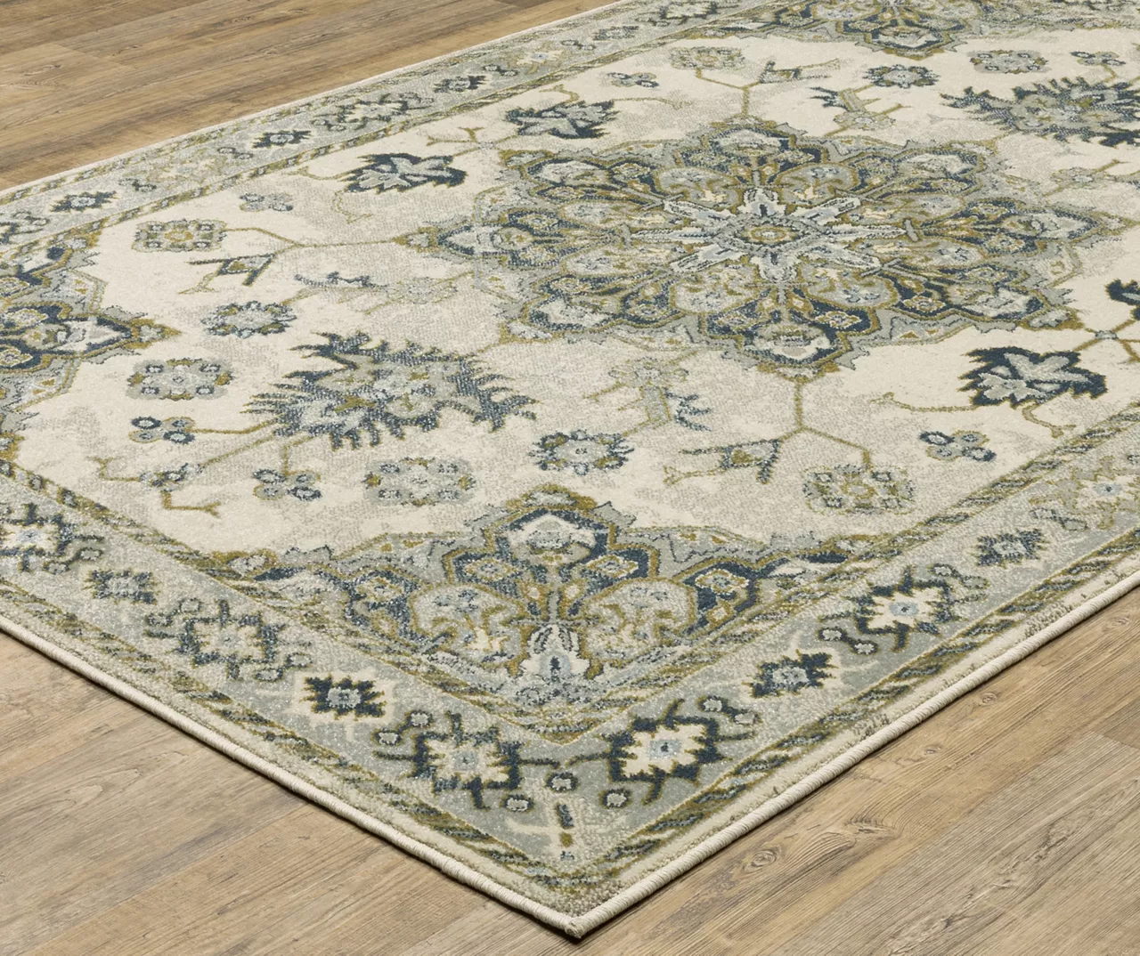 Pamona Ivory & Blue Geometric Medallion Area Rug, (1.1' X 7.3') 2 Pamona Ivory & Blue Geometric Medallion Area Rug, (1.1' X 7.3') - Image 2
