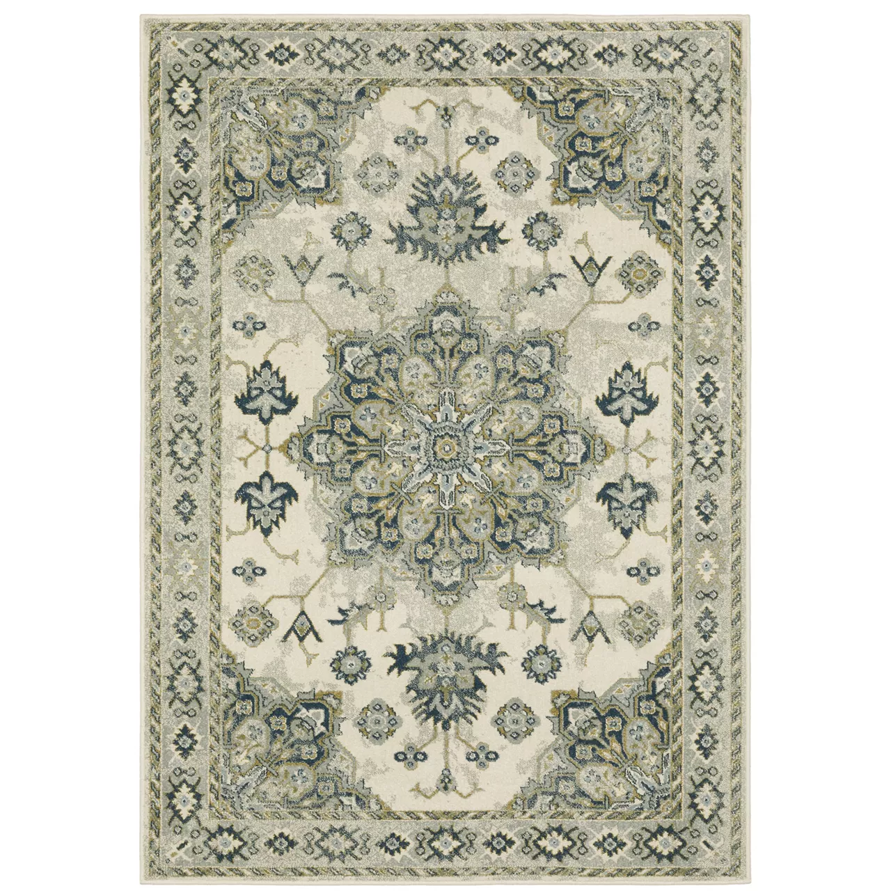 Pamona Ivory & Blue Geometric Medallion Area Rug, (1.1' X 7.3') 1 Pamona Ivory & Blue Geometric Medallion Area Rug, (1.1' X 7.3')