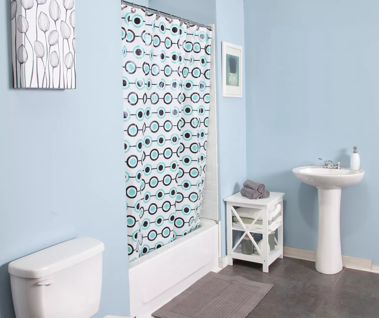 White, Aqua & Black Lots Of Dots Medium-Weight PEVA Shower Liner 3 White, Aqua & Black Lots Of Dots Medium-Weight PEVA Shower Liner - Image 3