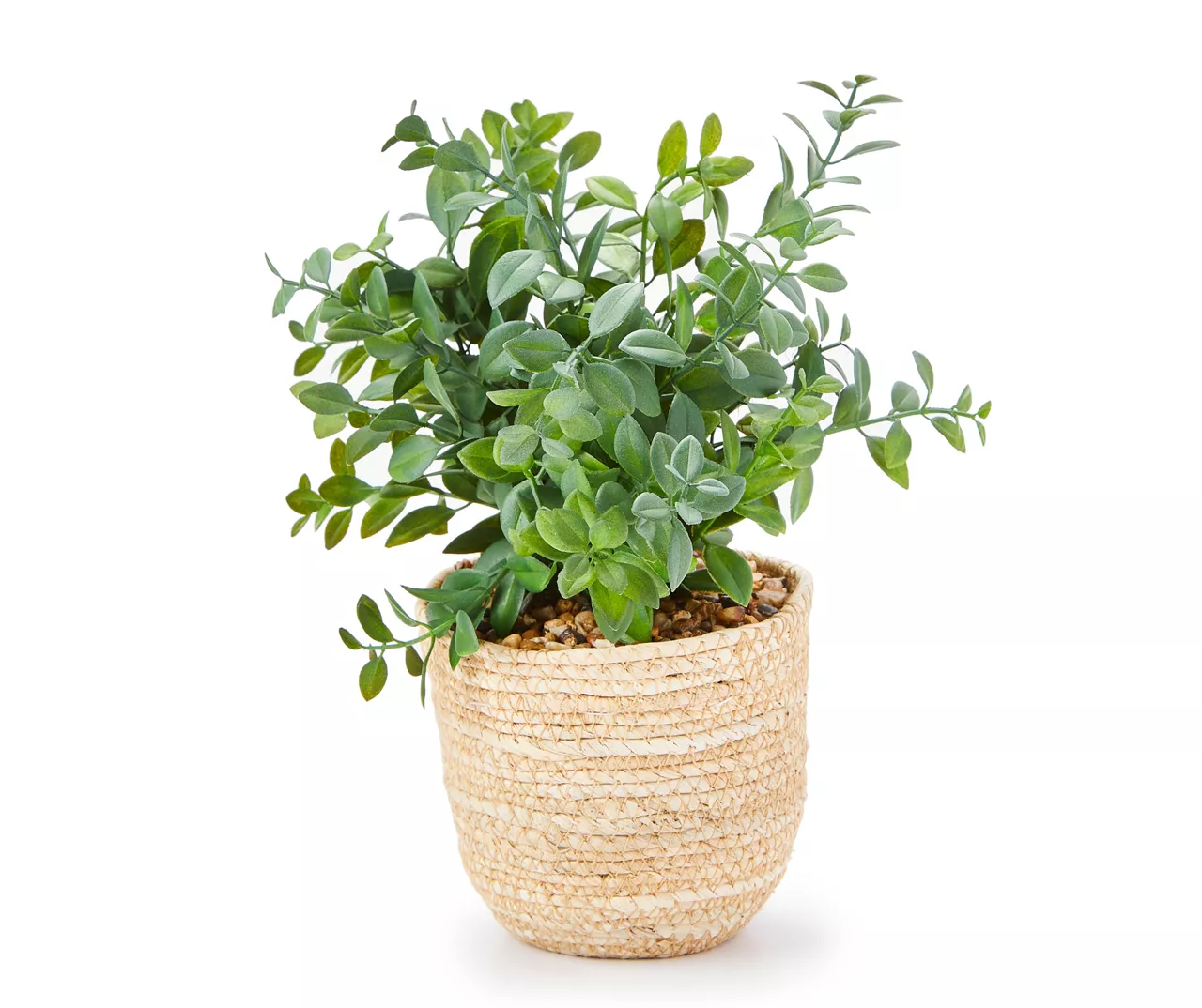 Green Artificial Leafy Plant Arrangement With Brown Woven Pot 1 Green Artificial Leafy Plant Arrangement With Brown Woven Pot