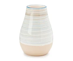 Blue & Tan Stripe Ceramic Vase, (7.8")