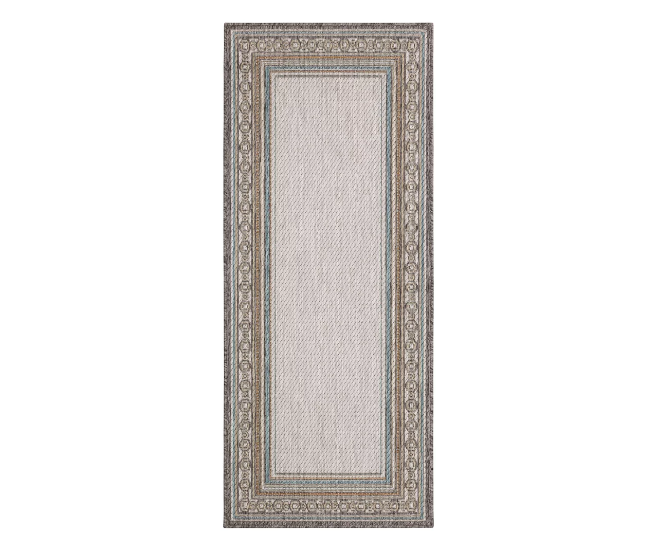 Panama Light Gray & Turquoise Geo-Bordered Outdoor Area Rug, (2.5' X 6') 1 Panama Light Gray & Turquoise Geo-Bordered Outdoor Area Rug, (2.5' X 6')