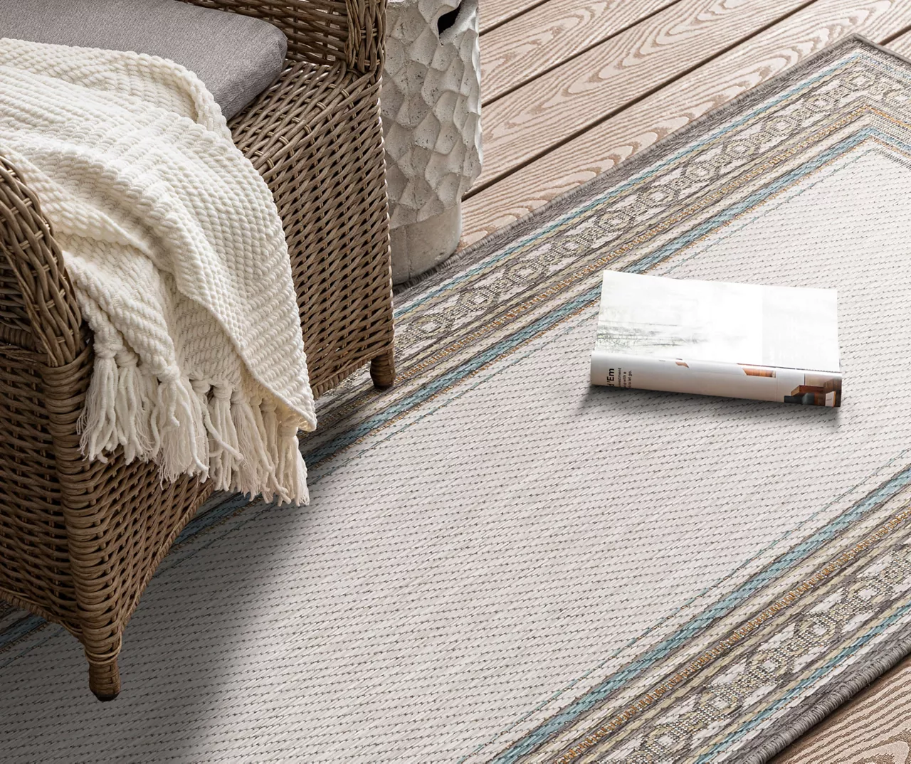 Panama Light Gray & Turquoise Geo-Bordered Outdoor Area Rug, (2.5' X 6') 7 Panama Light Gray & Turquoise Geo-Bordered Outdoor Area Rug, (2.5' X 6') - Image 7