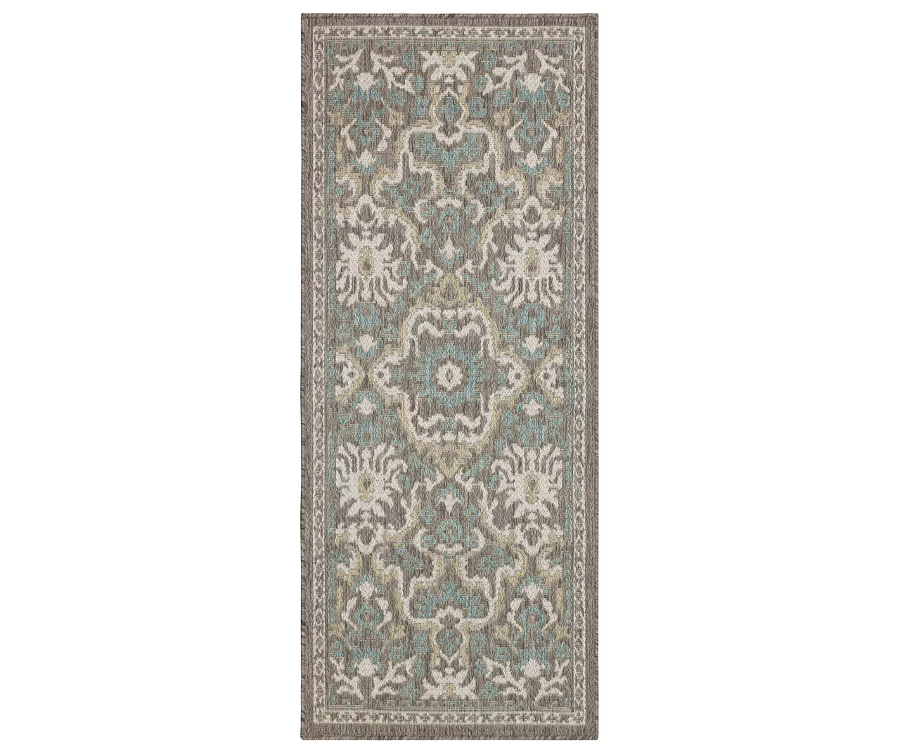Coastal Desire Light Gray & Turquoise Ornamental Outdoor Area Rug, (2.5' X 6') 1 Coastal Desire Light Gray & Turquoise Ornamental Outdoor Area Rug, (2.5' X 6')