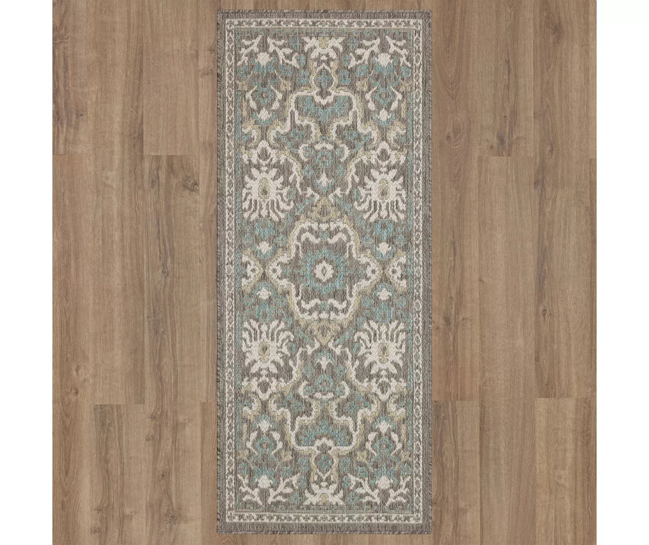 Coastal Desire Light Gray & Turquoise Ornamental Outdoor Area Rug, (2.5' X 6') 4 Coastal Desire Light Gray & Turquoise Ornamental Outdoor Area Rug, (2.5' X 6') - Image 4