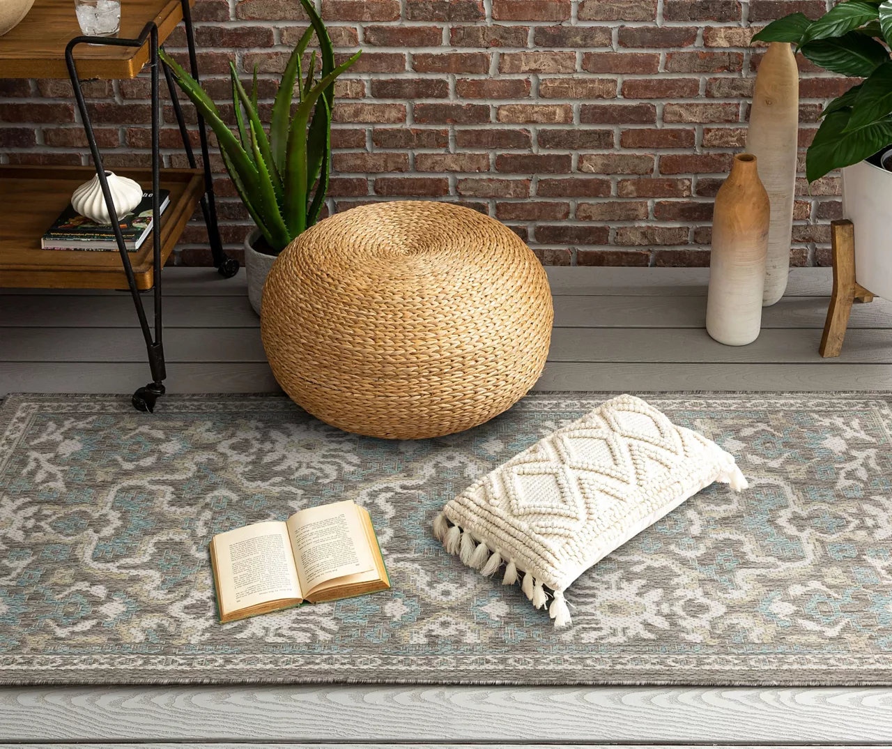 Coastal Desire Light Gray & Turquoise Ornamental Outdoor Area Rug, (2.5' X 6') 6 Coastal Desire Light Gray & Turquoise Ornamental Outdoor Area Rug, (2.5' X 6') - Image 6