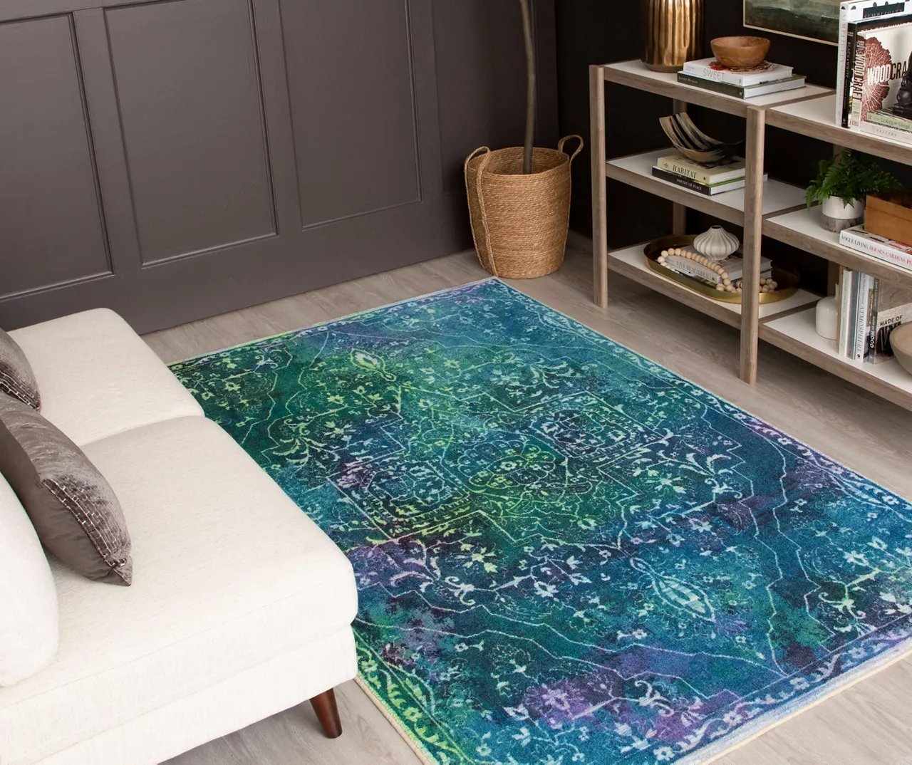 Rowland Teal & Green Ornamental Floral Area Rug, (5' X 8') 8 Rowland Teal & Green Ornamental Floral Area Rug, (5' X 8') - Image 8