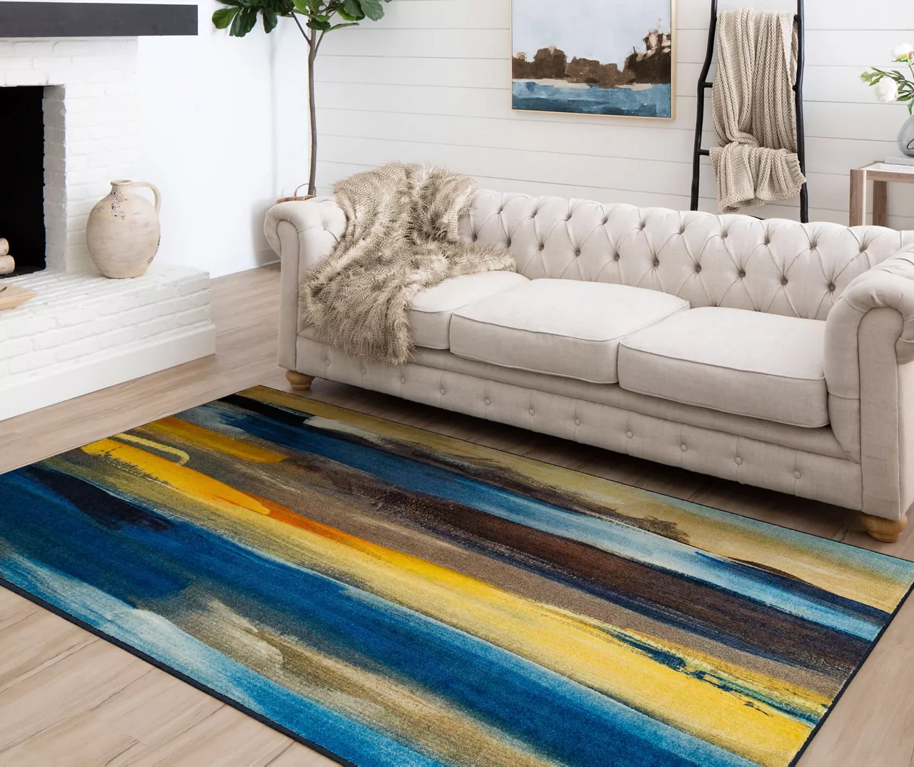 Brush Strokes Water Blue & Yellow Abstract Area Rug, (5' X 8') 7 Brush Strokes Water Blue & Yellow Abstract Area Rug, (5' X 8') - Image 7
