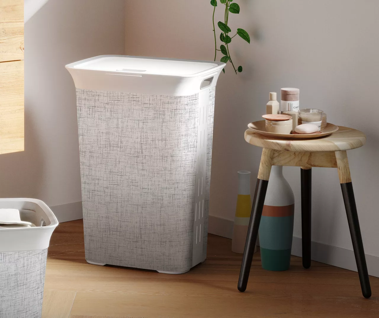 Curver White Printed Tweed Pattern Laundry Hamper With Lid 2 Curver White Printed Tweed Pattern Laundry Hamper With Lid - Image 2