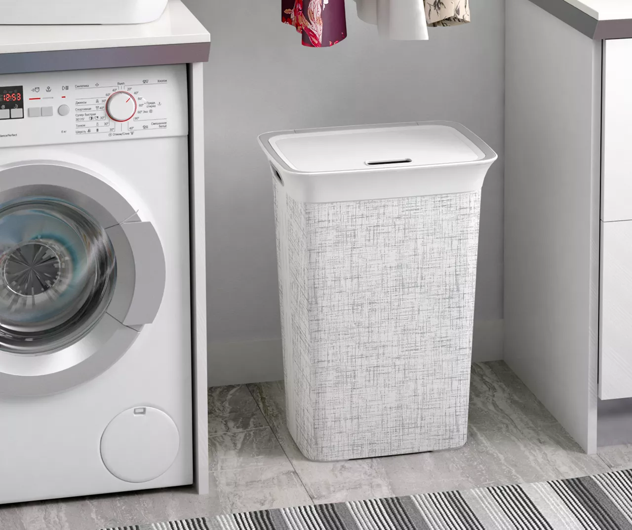 Curver White Printed Tweed Pattern Laundry Hamper With Lid 5 Curver White Printed Tweed Pattern Laundry Hamper With Lid - Image 5