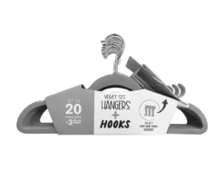 Gray Velvet Slim Hangers With Hooks, 20-Pack