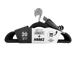 Black Velvet Slim Hangers With Hooks, 20-Pack