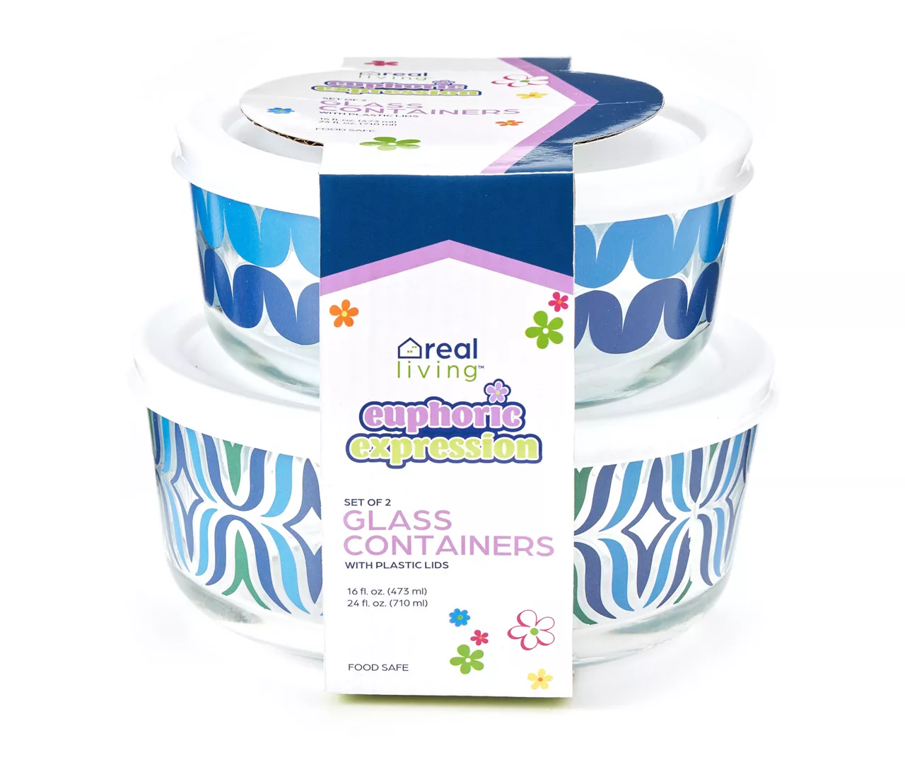 Blue Decal Glass Storage Bowls, 2-Pack 1 Blue Decal Glass Storage Bowls, 2-Pack