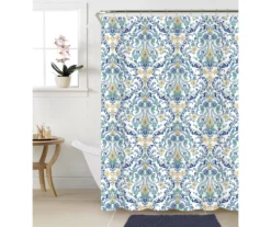 Navy & Green Damask 14-Piece Shower Curtain & Rug Set