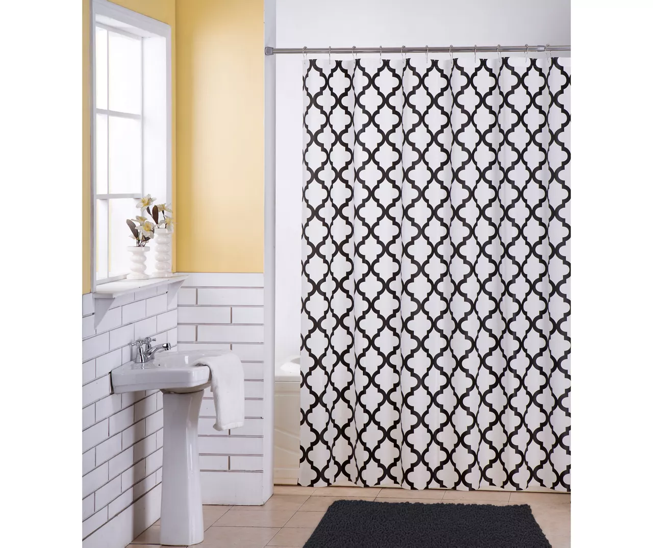 Black & White Quatrefoil Lattice 14-Piece Shower Curtain & Rug Set 1 Black & White Quatrefoil Lattice 14-Piece Shower Curtain & Rug Set
