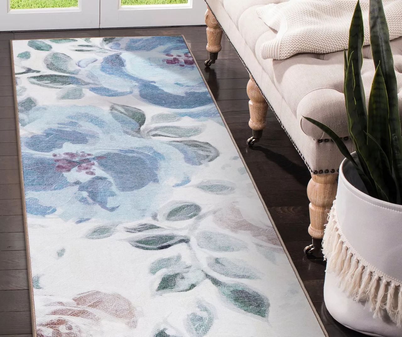 My Magic Carpet Sasha Blue & Cream Floral Washable Runner Rug, (2.5' X 7') 2 My Magic Carpet Sasha Blue & Cream Floral Washable Runner Rug, (2.5' X 7') - Image 2