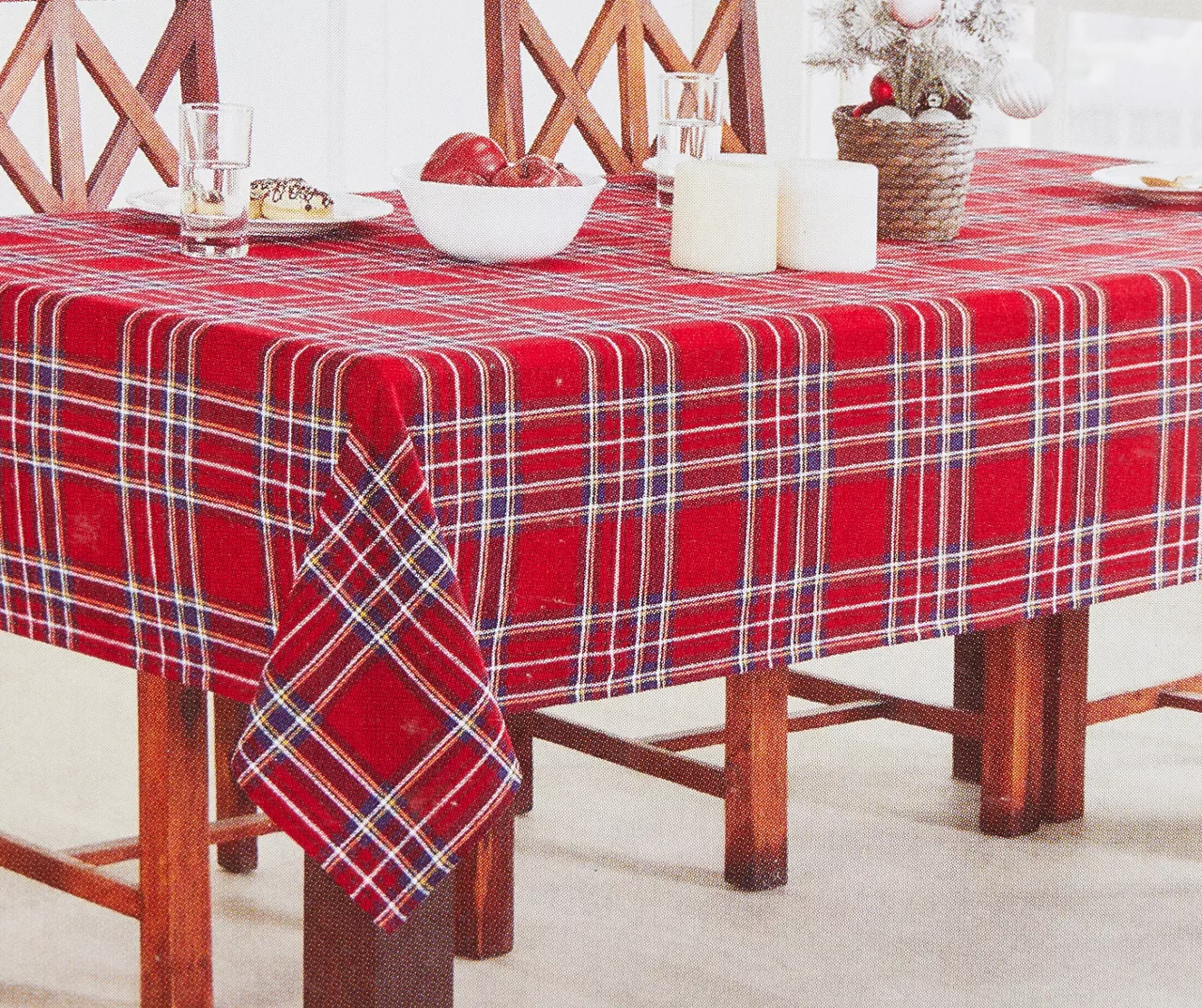 Santa's Workshop Red Plaid Fabric Tablecloth 1 Santa's Workshop Red Plaid Fabric Tablecloth