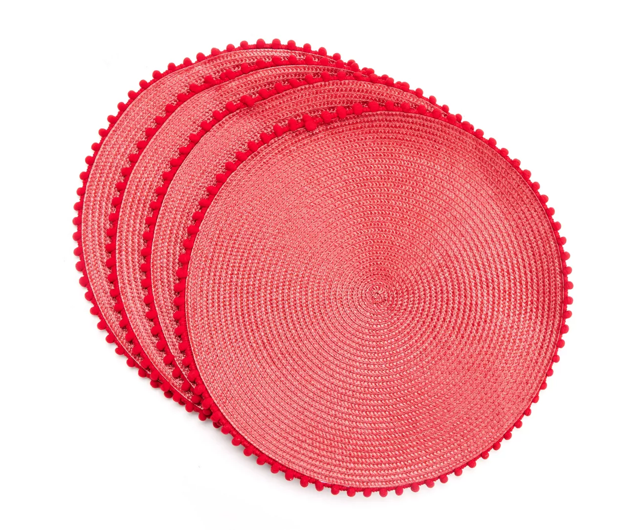 Red Pom-Pom Trim Round Placemats, 4-Pack 1 Red Pom-Pom Trim Round Placemats, 4-Pack