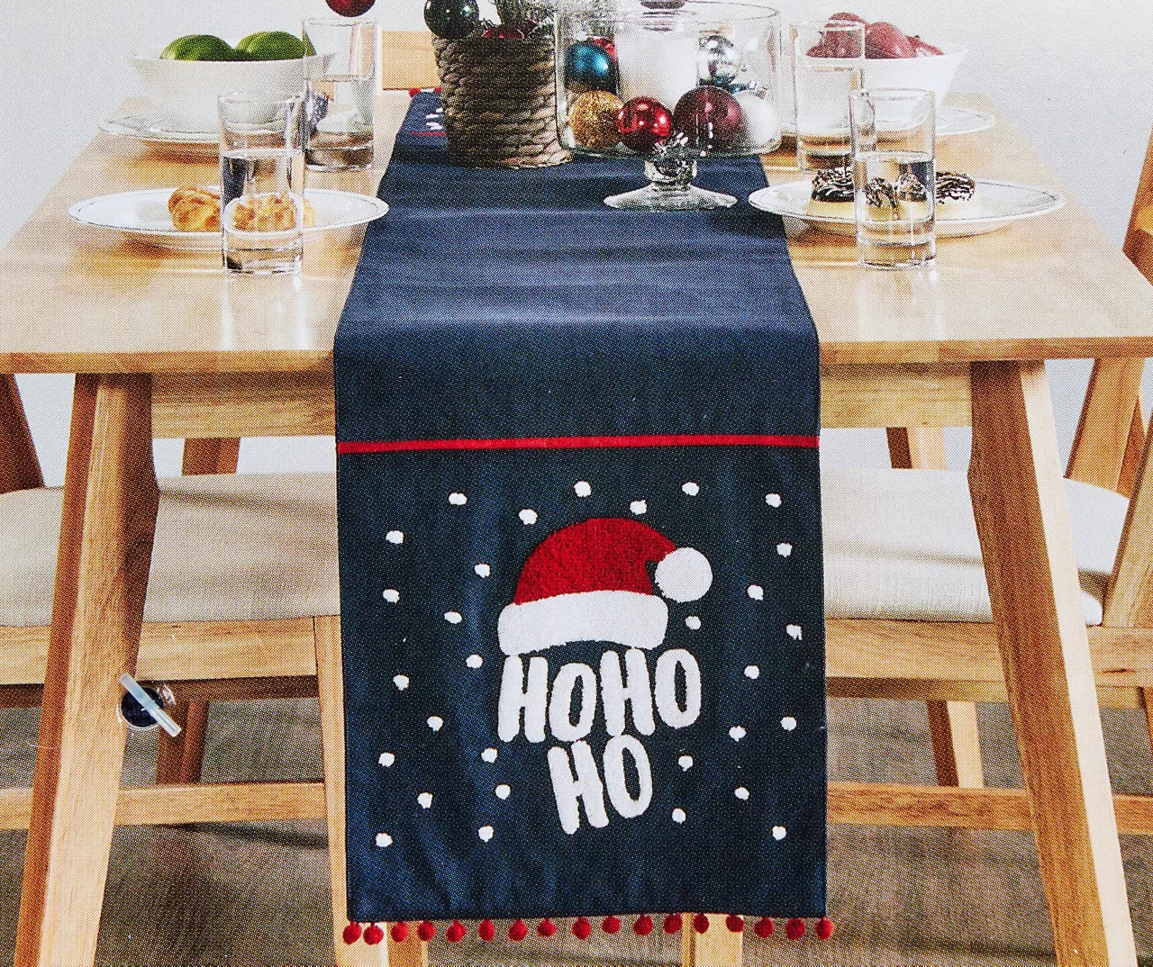 Santa's Workshop "Ho Ho" Blue Tufted Santa Hat Table Runner 2 Santa's Workshop "Ho Ho" Blue Tufted Santa Hat Table Runner - Image 2