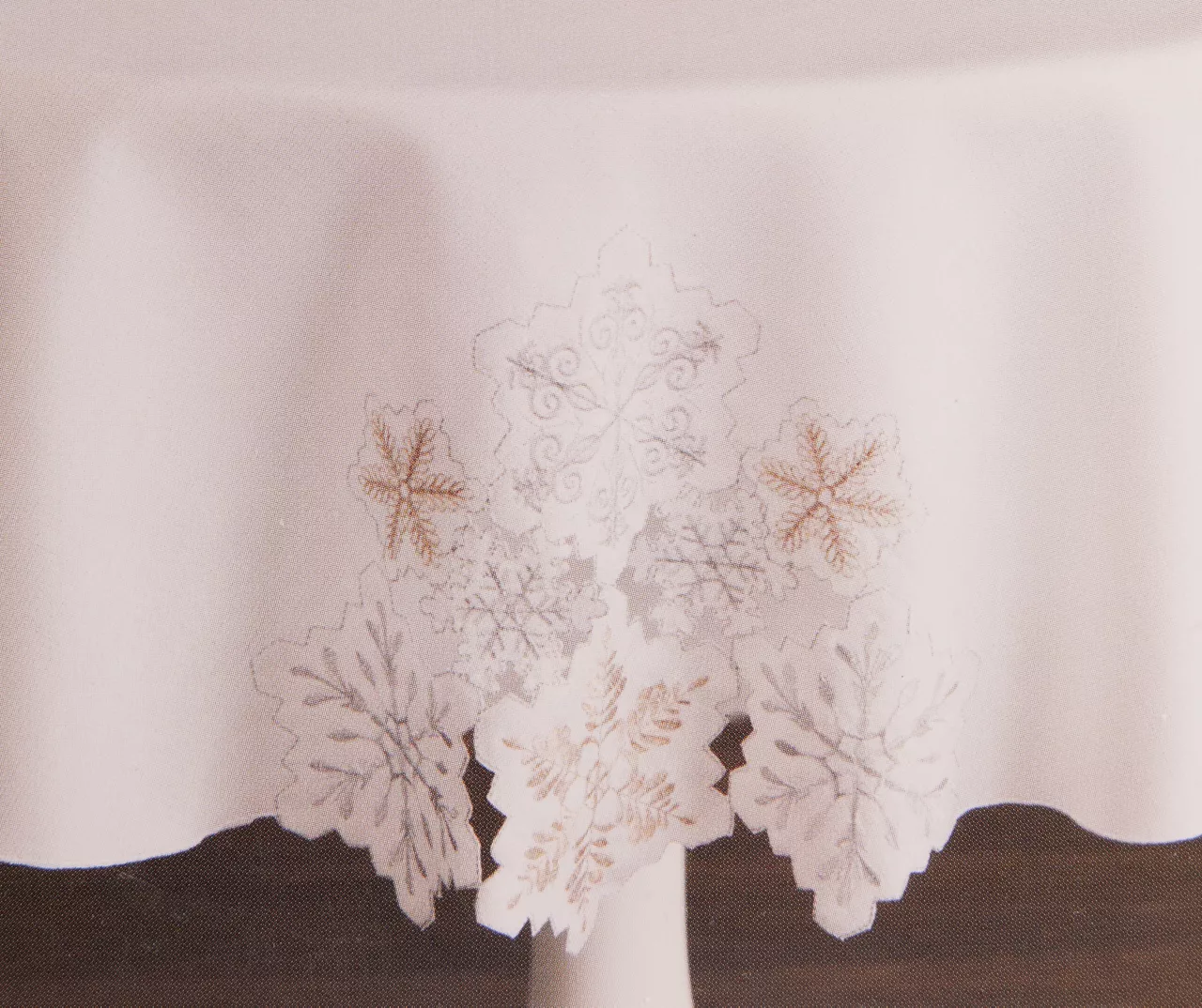 Frosted Forest White & Silver Cutout Snowflake Fabric Tablecloth 1 Frosted Forest White & Silver Cutout Snowflake Fabric Tablecloth