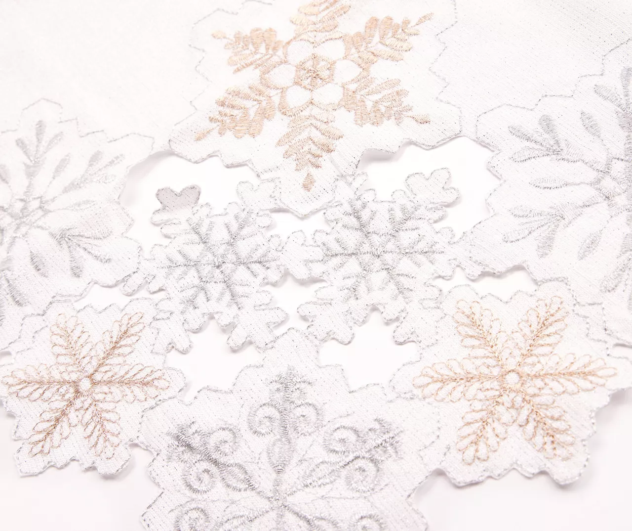 Frosted Forest White & Silver Cutout Snowflake Fabric Tablecloth 3 Frosted Forest White & Silver Cutout Snowflake Fabric Tablecloth - Image 3