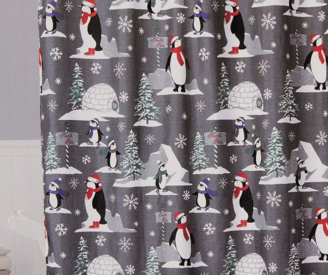 Santa's Workshop Gray Penguin Family 13-Piece Shower Curtain Set 1 Santa's Workshop Gray Penguin Family 13-Piece Shower Curtain Set