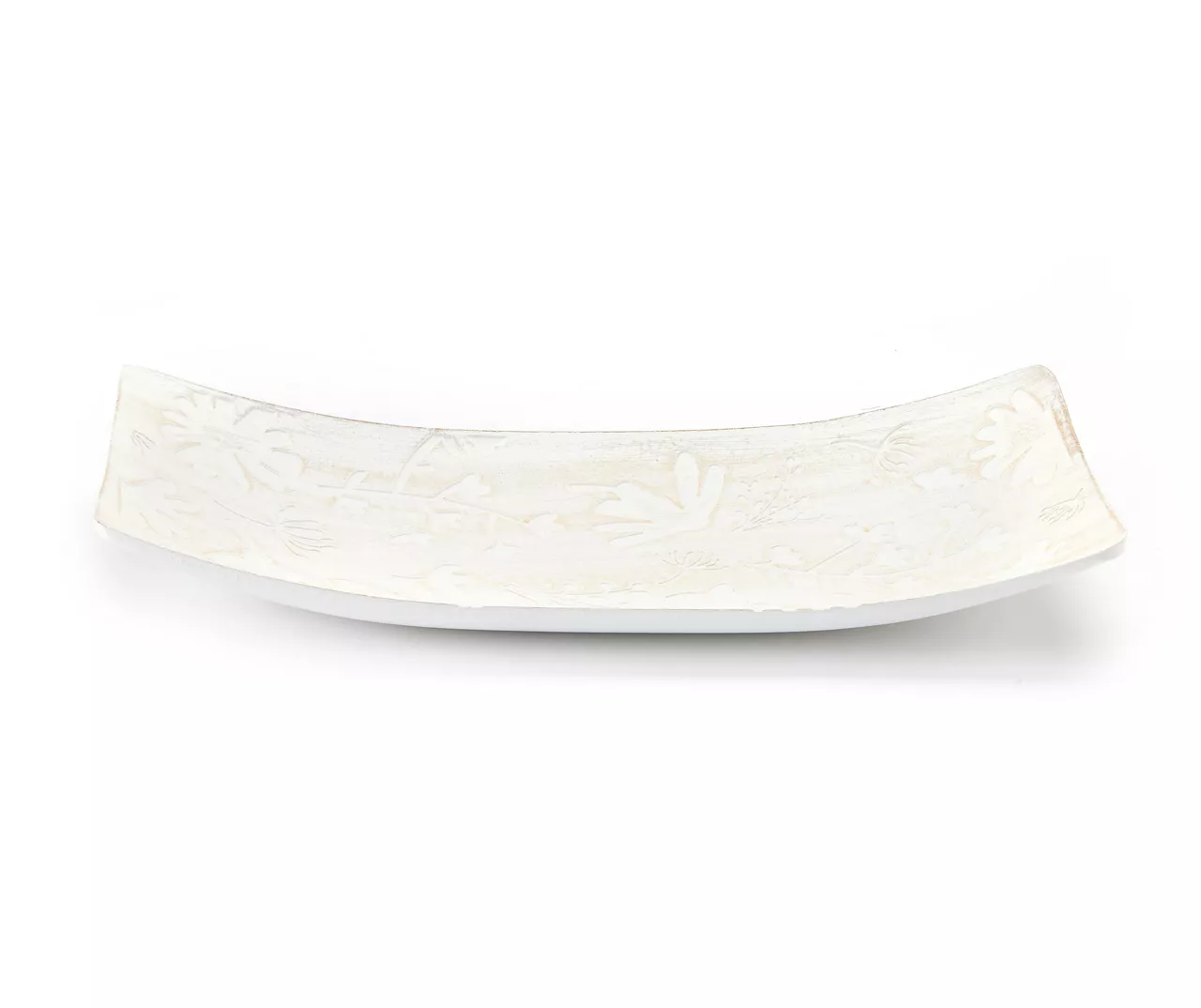 Distressed White Carved Floral Boat Tray, (6" X 15") 1 Distressed White Carved Floral Boat Tray, (6" X 15")