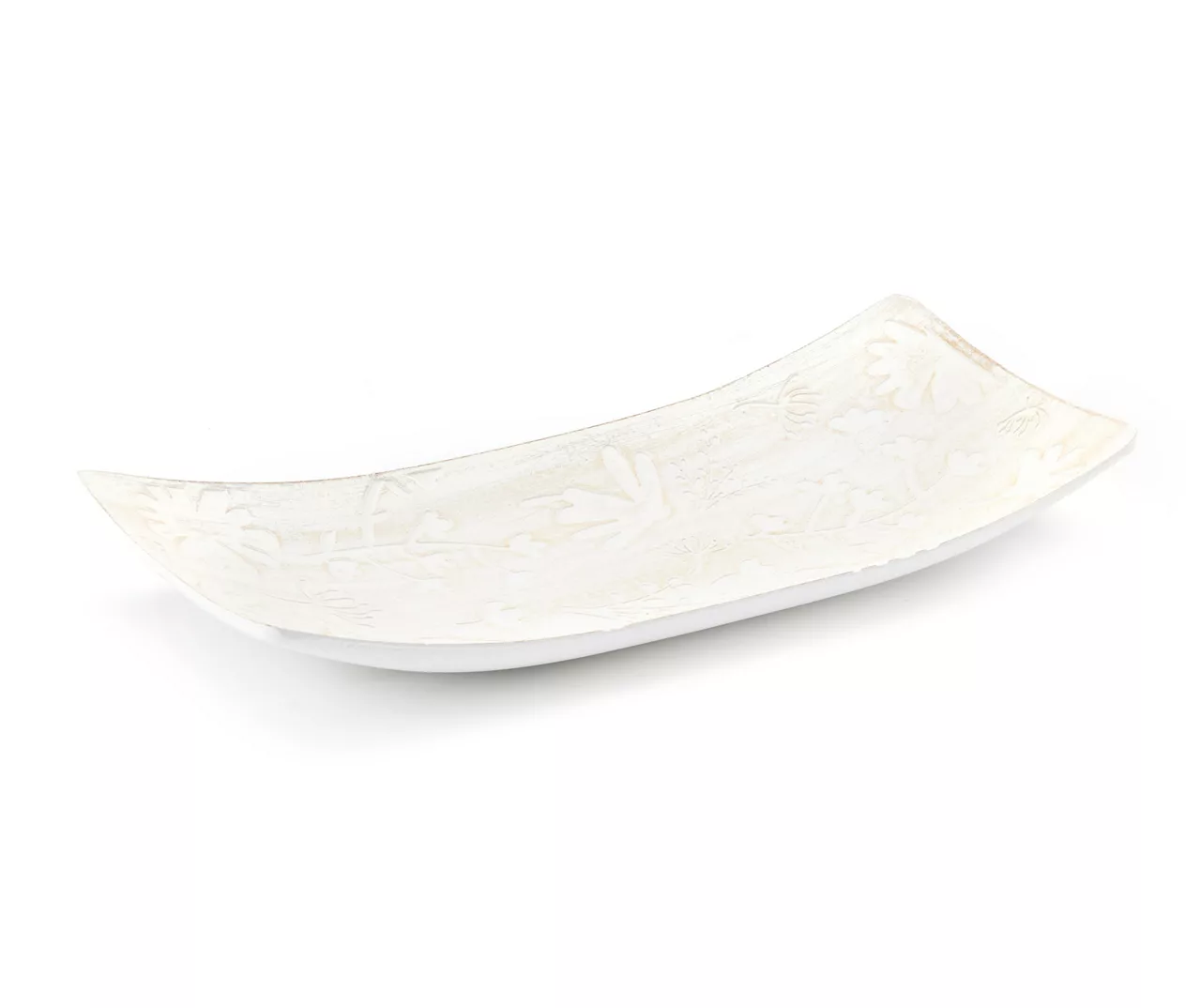 Distressed White Carved Floral Boat Tray, (6" X 15") 2 Distressed White Carved Floral Boat Tray, (6" X 15") - Image 2