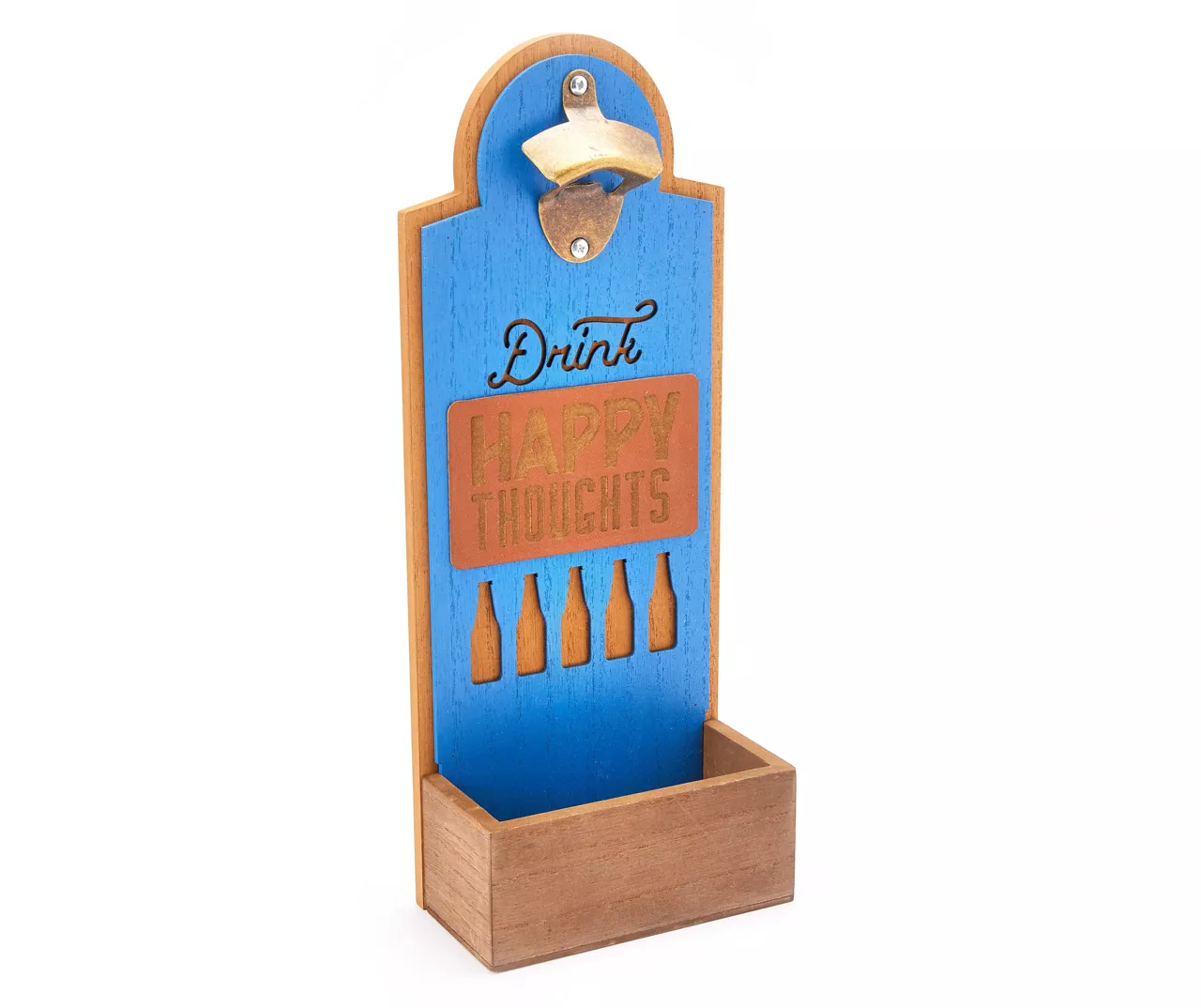 "Happy Thoughts" Blue & Brown Wood Wall Bottle Opener 1 "Happy Thoughts" Blue & Brown Wood Wall Bottle Opener
