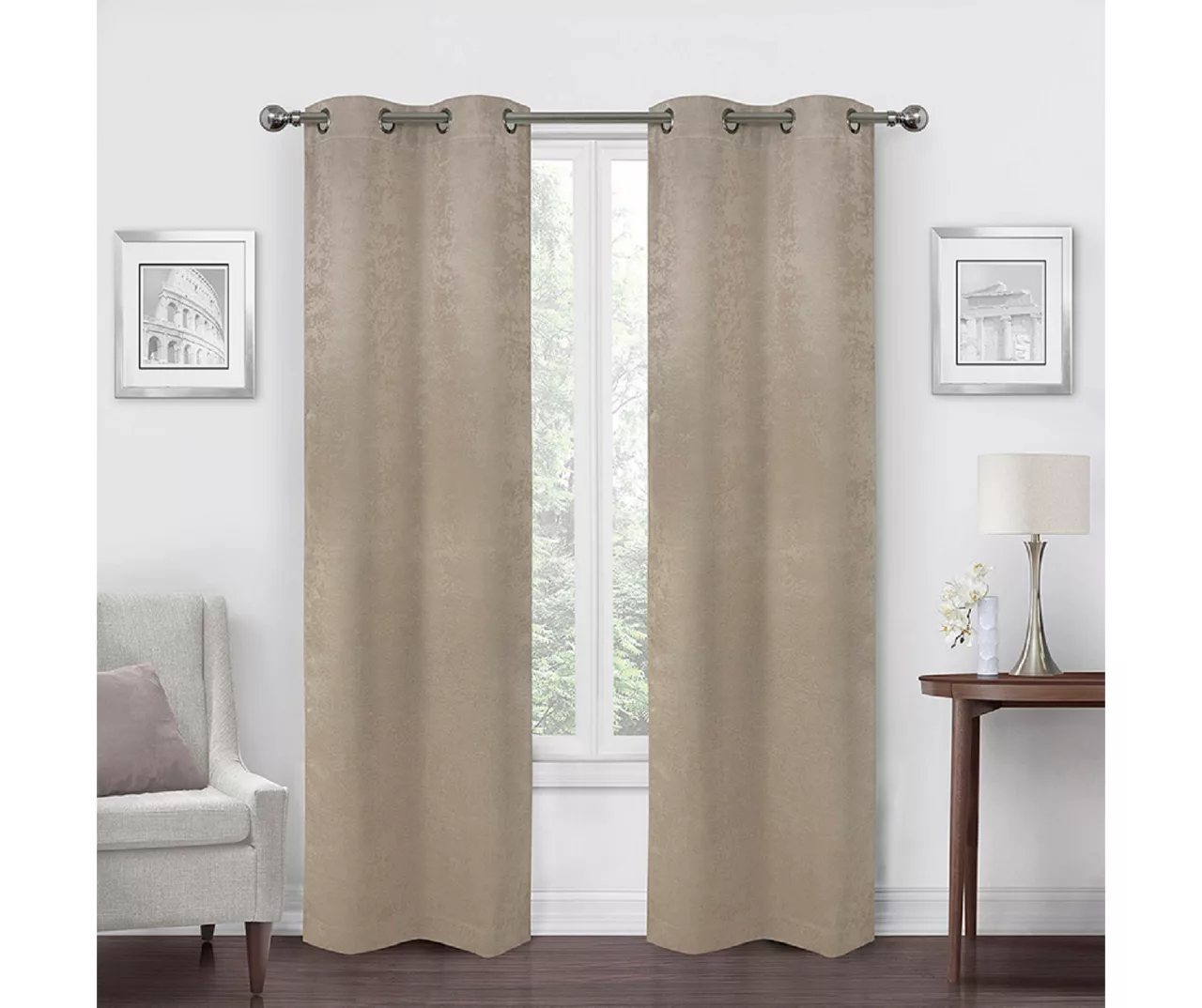 Taupe Velvet Abstract Blackout Grommet Curtain Panel Pair, (84") 1 Taupe Velvet Abstract Blackout Grommet Curtain Panel Pair, (84")