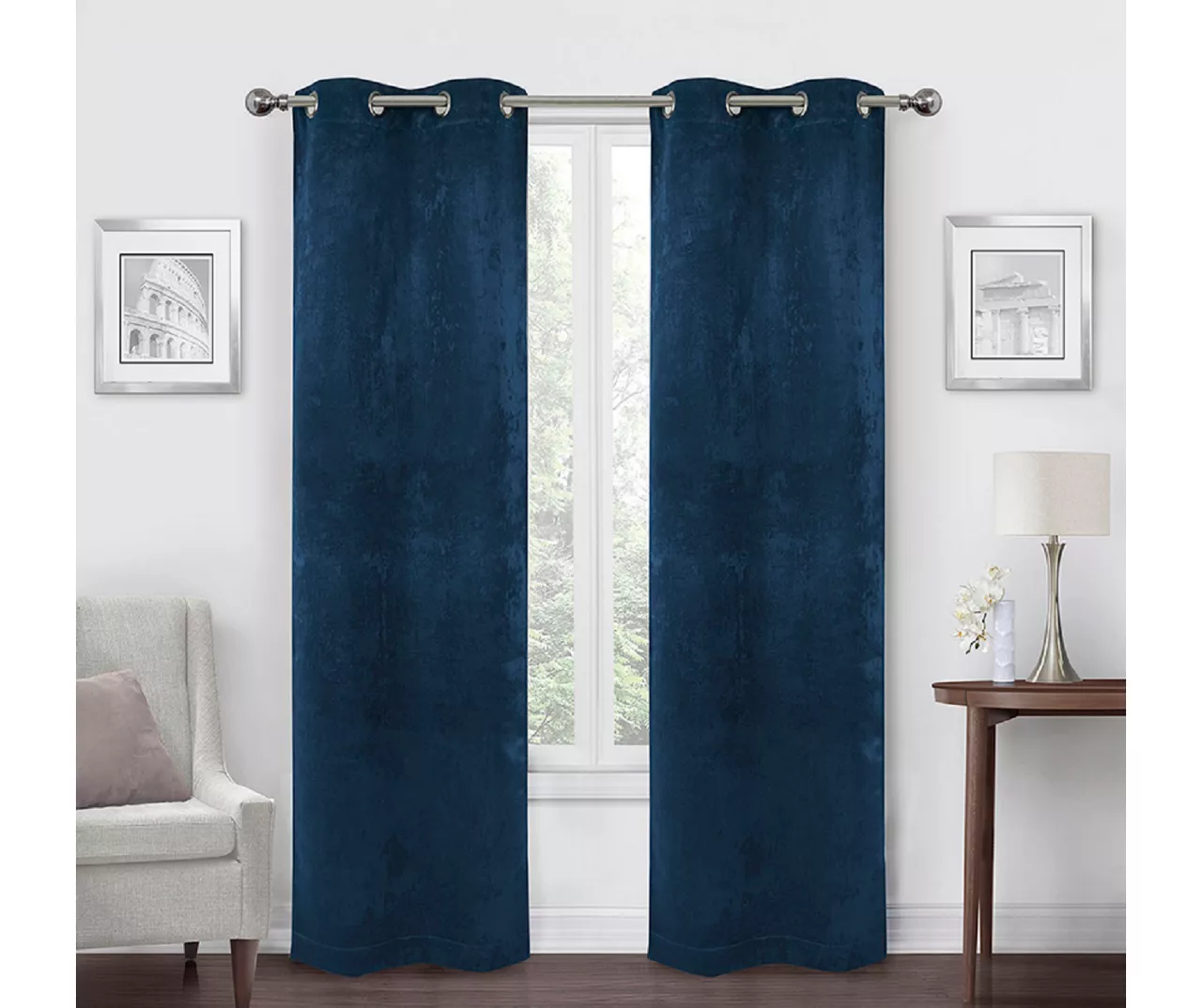 Navy Velvet Abstract Blackout Grommet Curtain Panel Pair, (84") 1 Navy Velvet Abstract Blackout Grommet Curtain Panel Pair, (84")