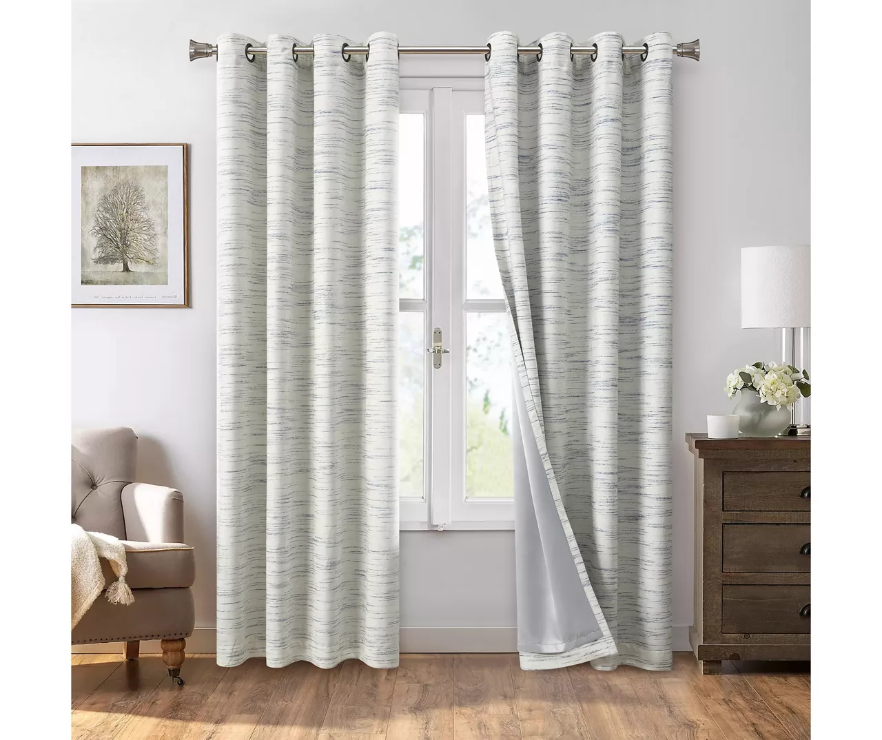 Indigo Stripe Chenille Grommet Curtain Panel Pair With Blackout Lining, (84") 1 Indigo Stripe Chenille Grommet Curtain Panel Pair With Blackout Lining, (84")