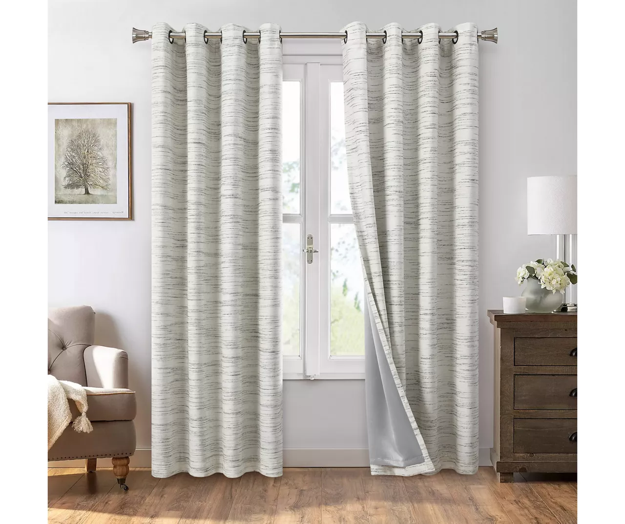 Black Stripe Chenille Grommet Curtain Panel Pair With Blackout Lining, (84") 1 Black Stripe Chenille Grommet Curtain Panel Pair With Blackout Lining, (84")