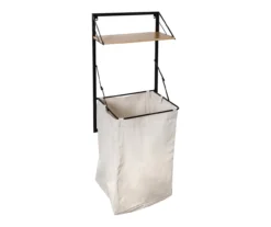 Black & Maple-Finish Wall-Mounted Hamper With Shelf