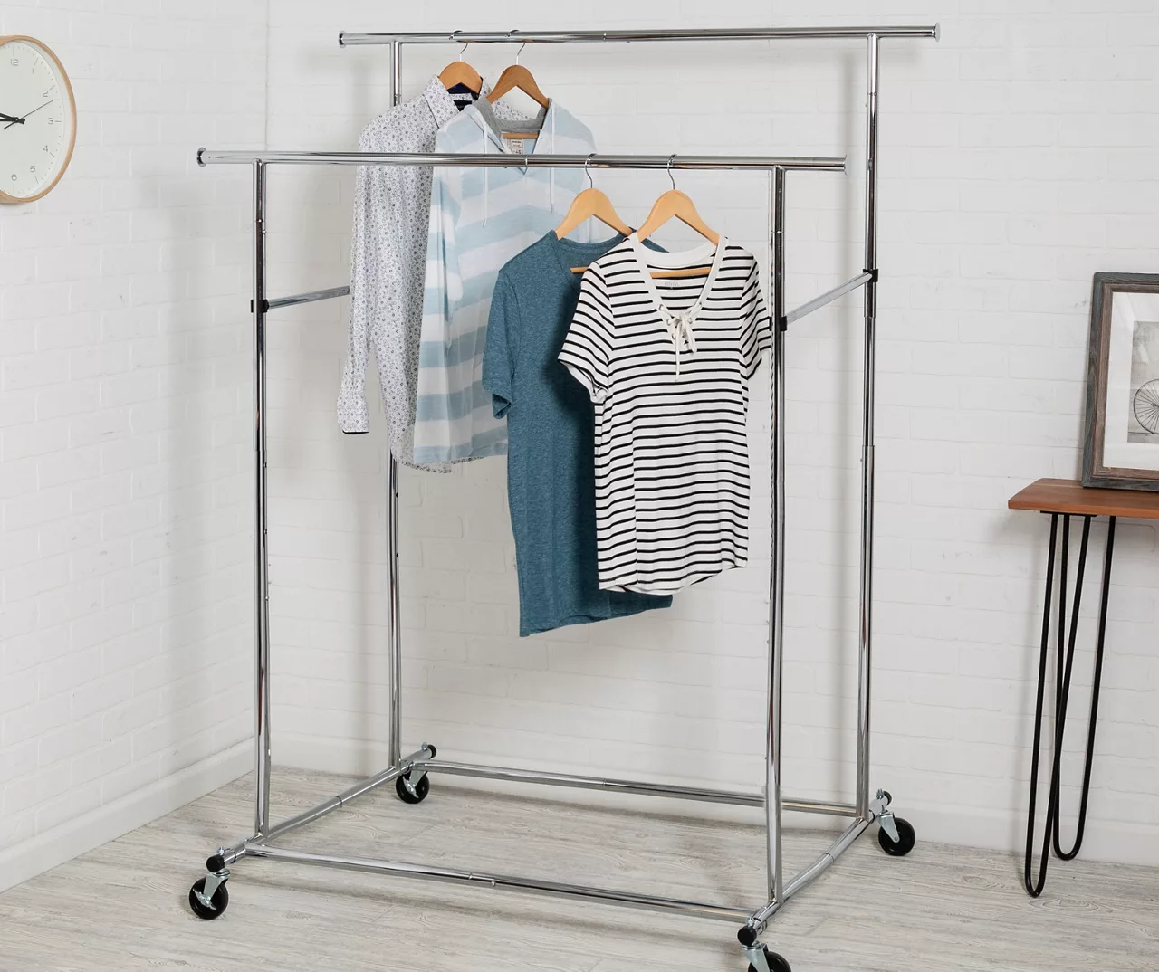 Chrome Dual Bar Rolling Garment Rack 7 Chrome Dual Bar Rolling Garment Rack - Image 7