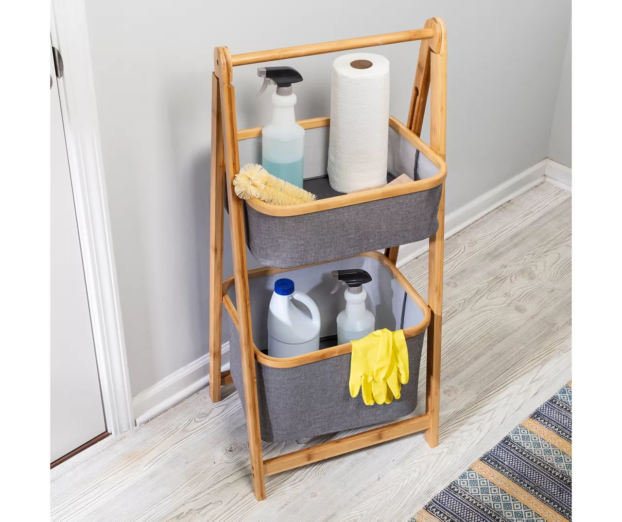 Gray & Natural Bamboo 2-Tier Collapsible A-Frame Shelf 8 Gray & Natural Bamboo 2-Tier Collapsible A-Frame Shelf - Image 8