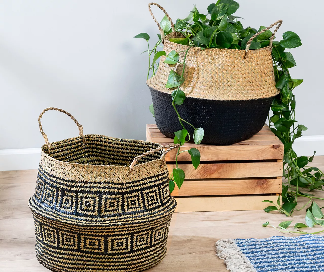 Natural & Black 2-Piece Folding Belly Storage Basket Set 2 Natural & Black 2-Piece Folding Belly Storage Basket Set - Image 2