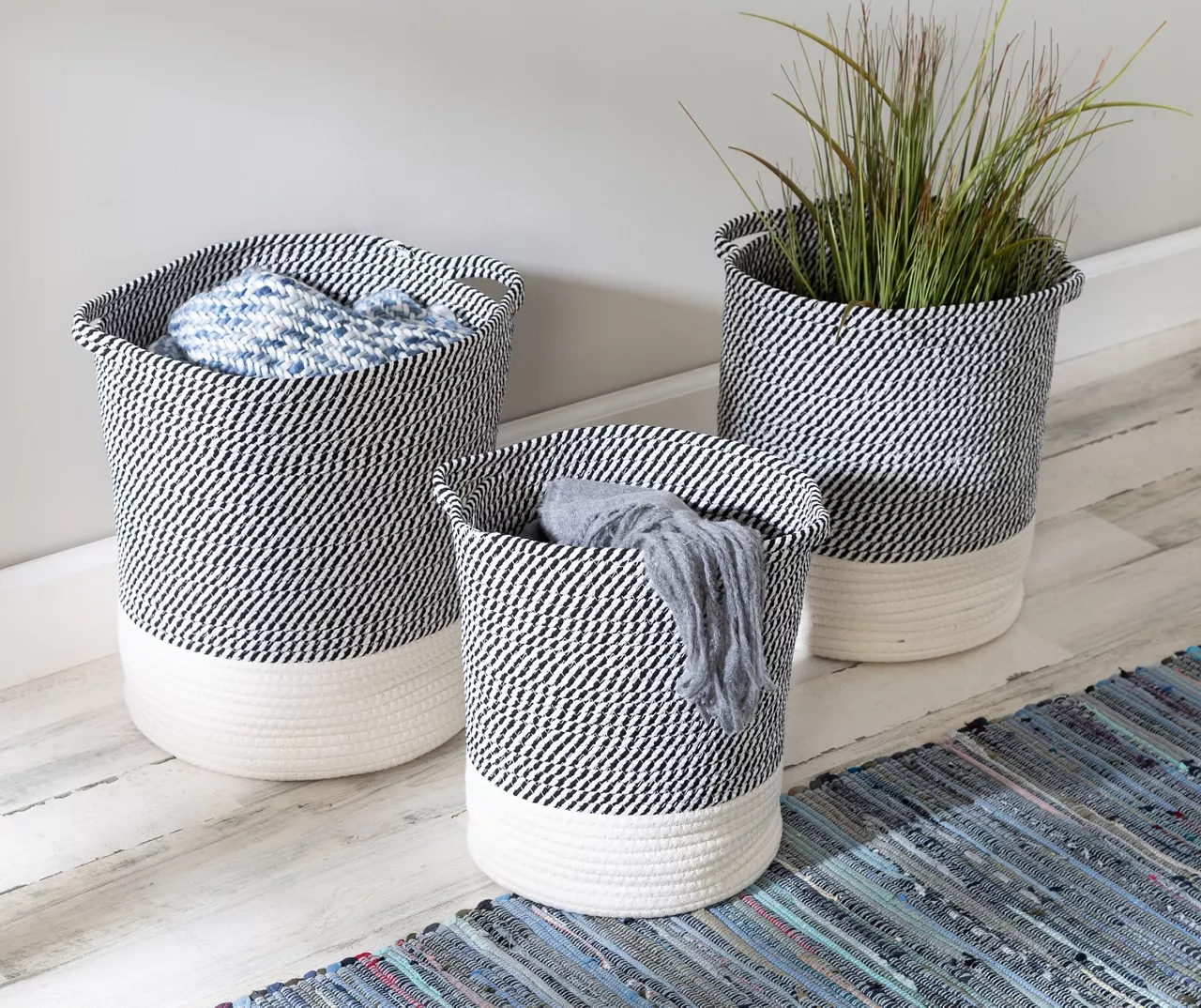 Gray & White Stripe 3-Piece Cotton Rope Nesting Basket Set 7 Gray & White Stripe 3-Piece Cotton Rope Nesting Basket Set - Image 7