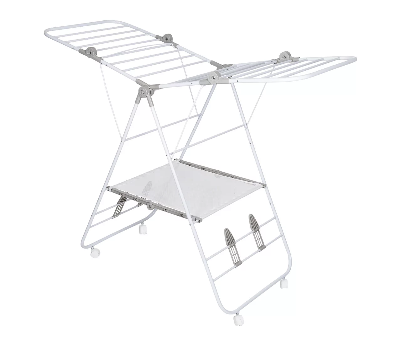 White Expandable Folding-Wing Wheeled Drying Rack 1 White Expandable Folding-Wing Wheeled Drying Rack