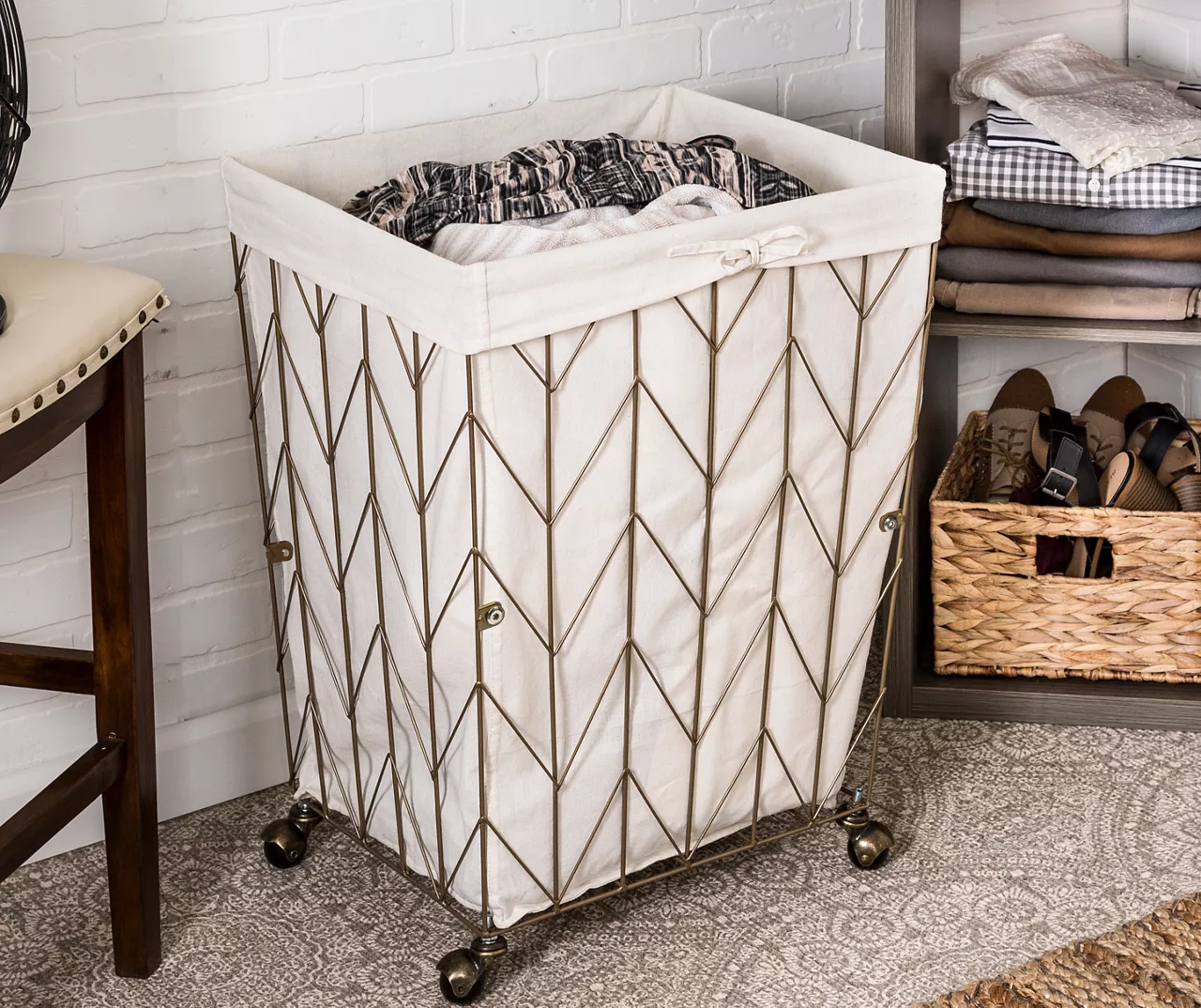Aged Gold & White Chevron Wire Laundry Hamper 4 Aged Gold & White Chevron Wire Laundry Hamper - Image 4