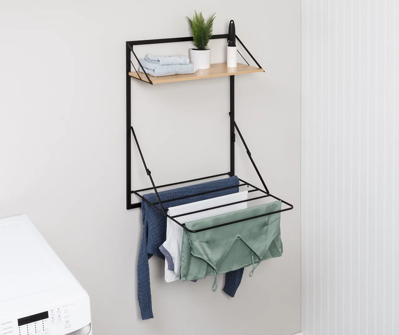 Black & Maple-Finish Wall-Mounted Drying Rack With Shelf 7 Black & Maple-Finish Wall-Mounted Drying Rack With Shelf - Image 7