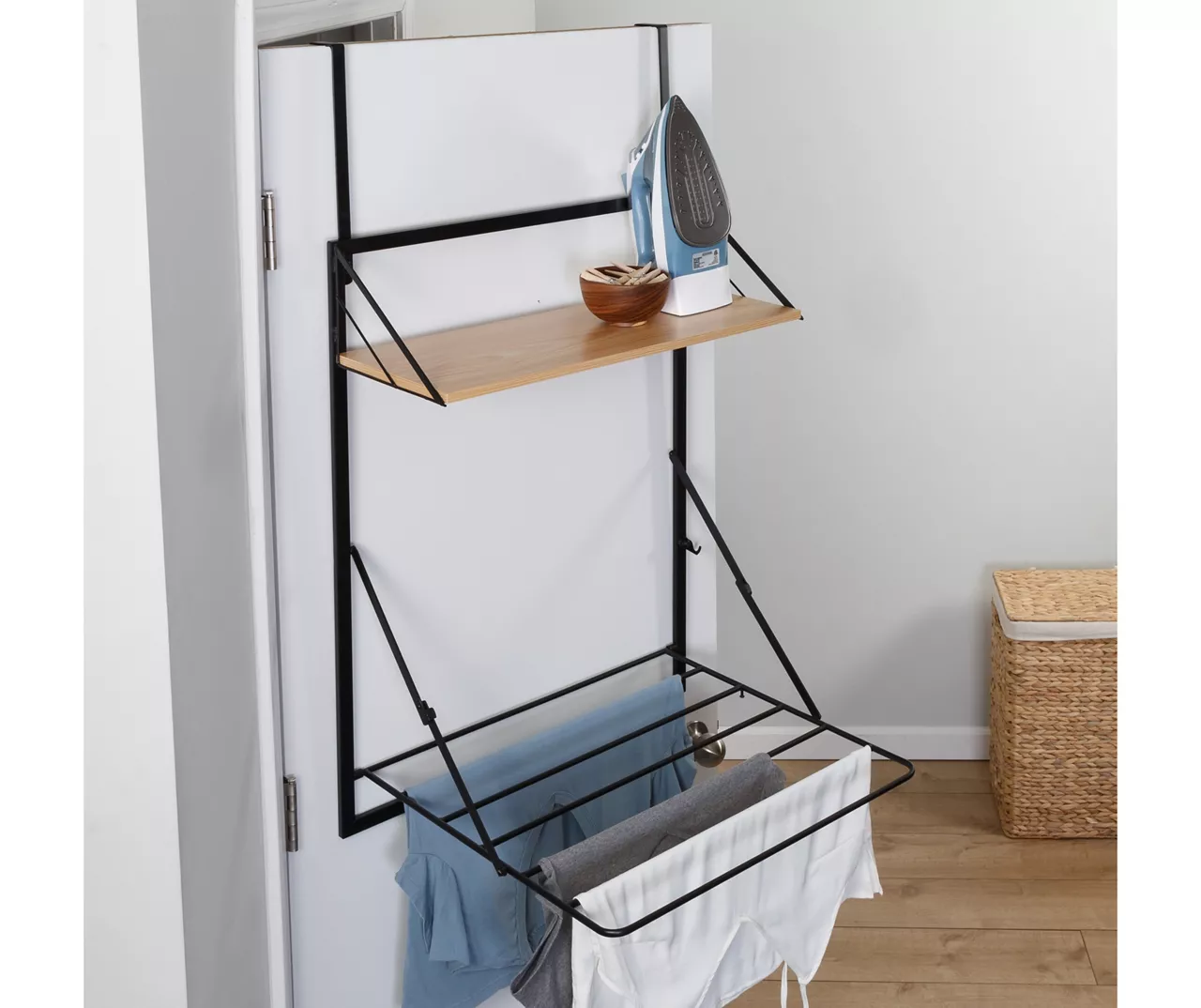 Black & Maple-Finish Wall-Mounted Drying Rack With Shelf 8 Black & Maple-Finish Wall-Mounted Drying Rack With Shelf - Image 8