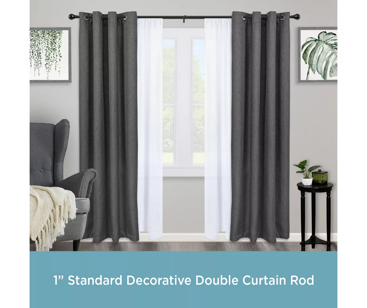 Layla Black 1" Adjustable Double Curtain Rod, (30"-84") 2 Layla Black 1" Adjustable Double Curtain Rod, (30"-84") - Image 2