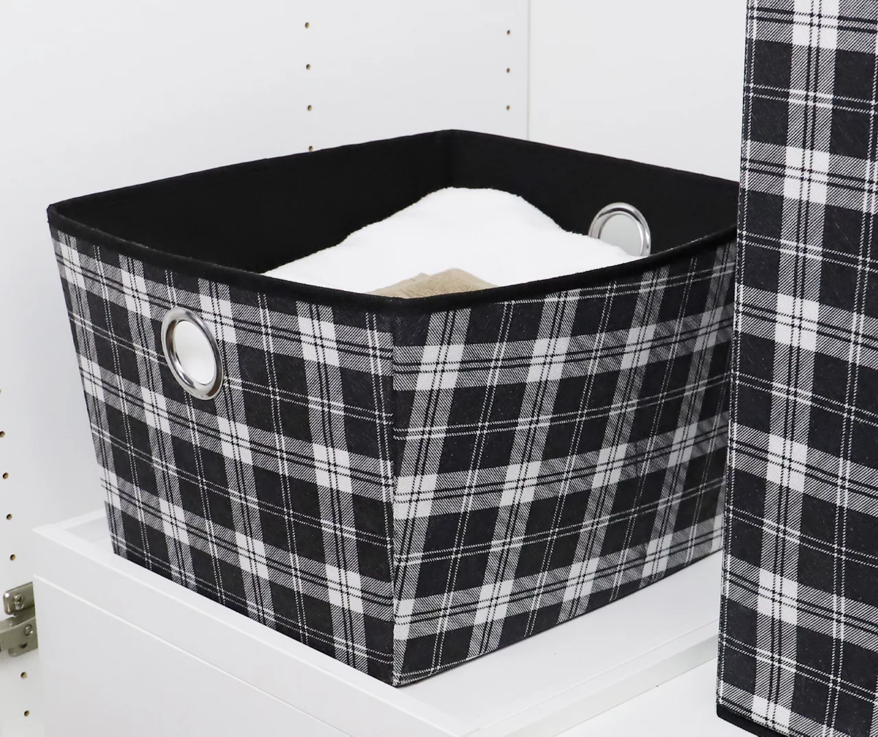 White And Black Plaid Fabric Storage Bin With Handles, (15") 3 White And Black Plaid Fabric Storage Bin With Handles, (15") - Image 3